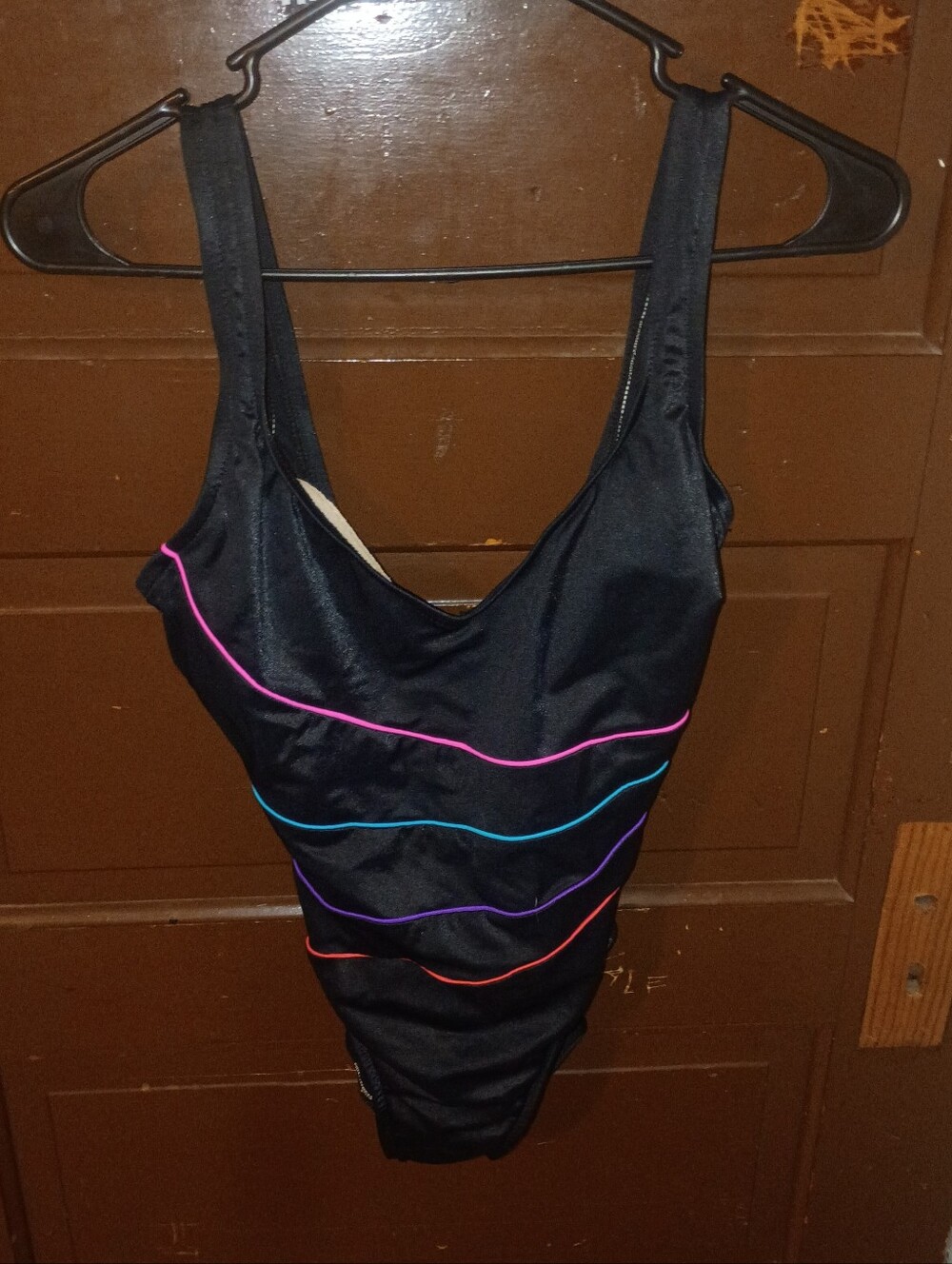 VTG Sandcastle By Catalina Black With Colorful Stripes One Piece Bathinf Suit 8